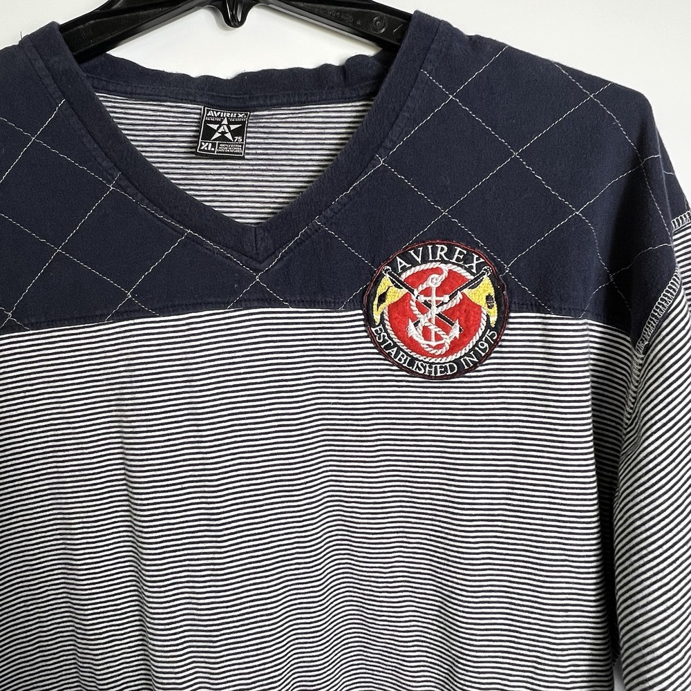 Vtg Avirex XL Navy Stripe Patchwork V-Neck T-Shirt Nautical Crest Logo Y2K